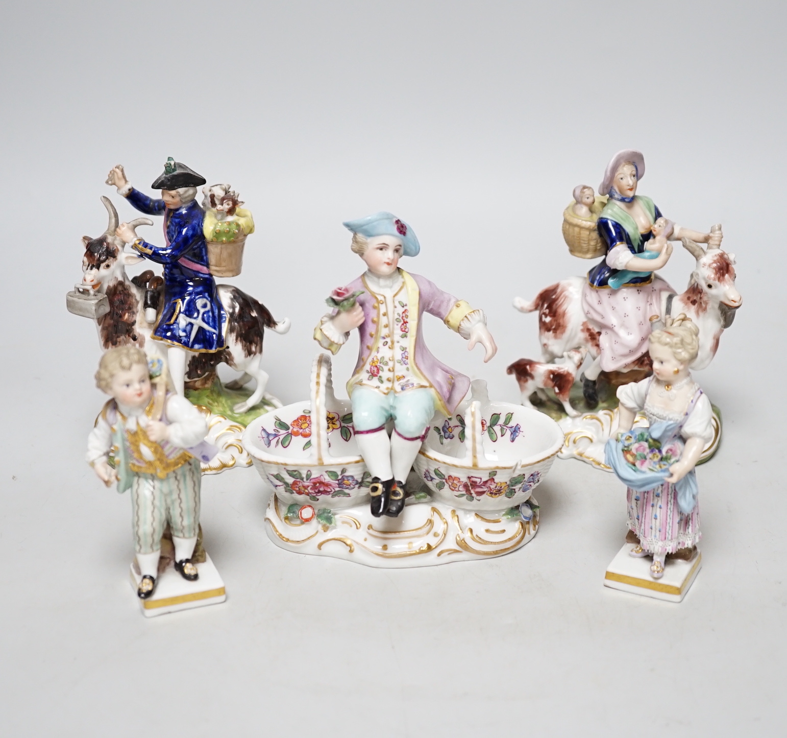 A pair of 19th century Derby figures, a pair of Meissen figures and another, tallest 13cm